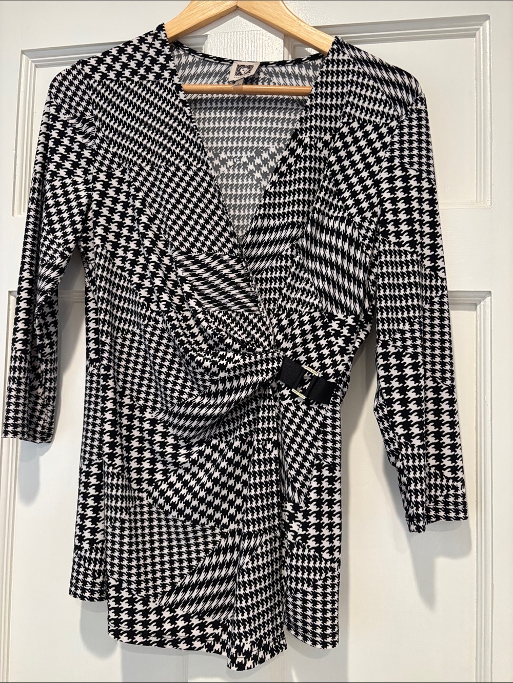 Anne Klein Black & White Houndstooth Long-Sleeve Wrap Dress with Buckle